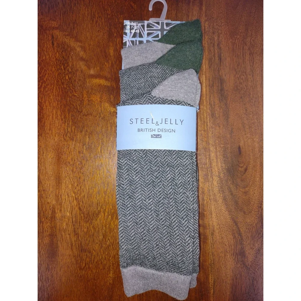 Steel & Jelly Mens Socks British Herringbone Green Grey UK 7-11 US 7-12 EU 40-45